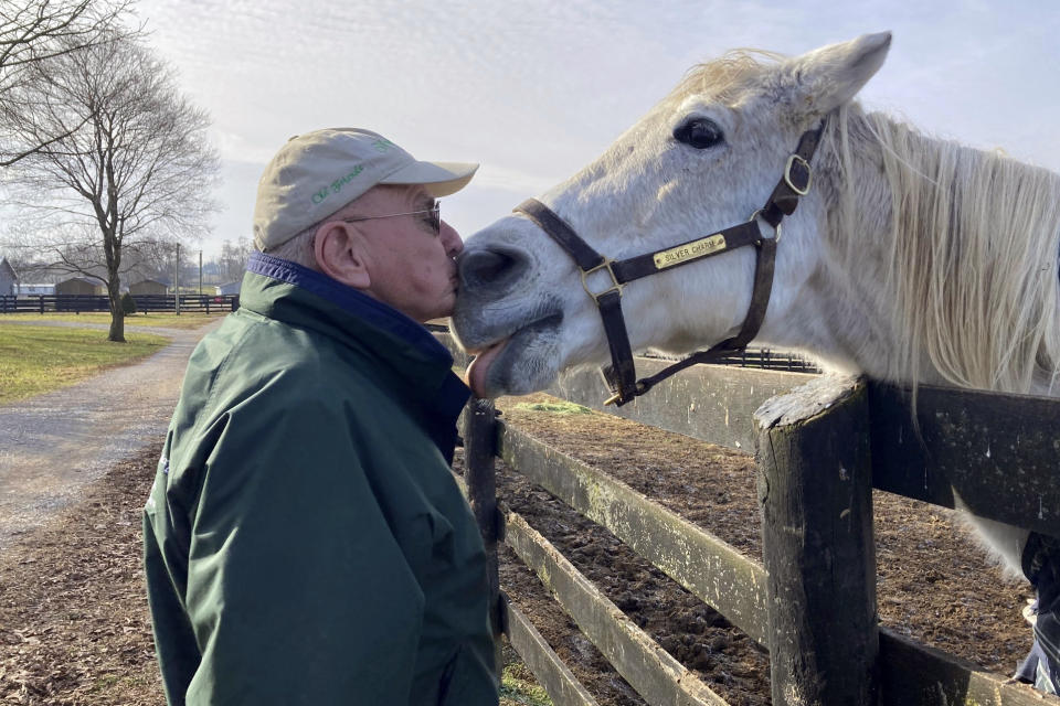 Michael Blowen greets 1997 Kentucky Derby winner Silver Charm, Wednesday, Jan. 3, 2024, at Old Friends farm at Georgetown, Ky. Blowen announced Wednesday that he's stepping down as president of the thoroughbred retirement farm he founded. (AP Photo/Bruce Schreiner)