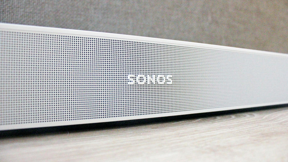 a closeup of the sonos beam gen 2 soundbar in white