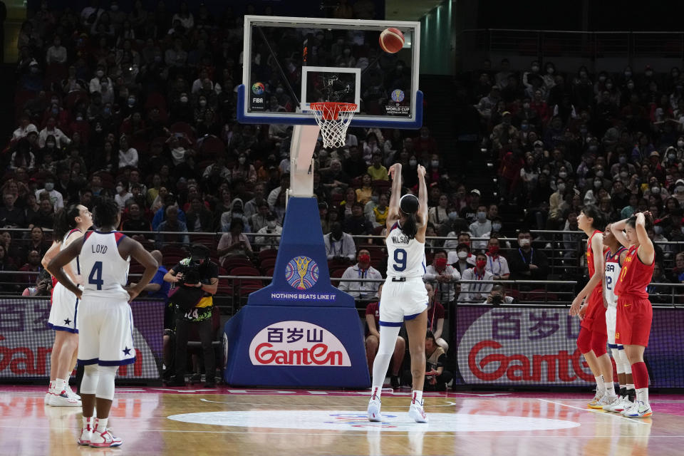 United States' A'ja Wilson takes a free throw during their game at the women's Basketball World Cup against China in Sydney, Australia, Saturday, Sept. 24, 2022. (AP Photo/Mark Baker)