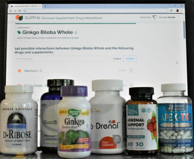 The Allen Institute for Artificial Intelligence’s Supp.AI search engine combs through research focusing on interactions involving nutritional supplements as well as drugs. (GeekWire Photo / Alan Boyle)