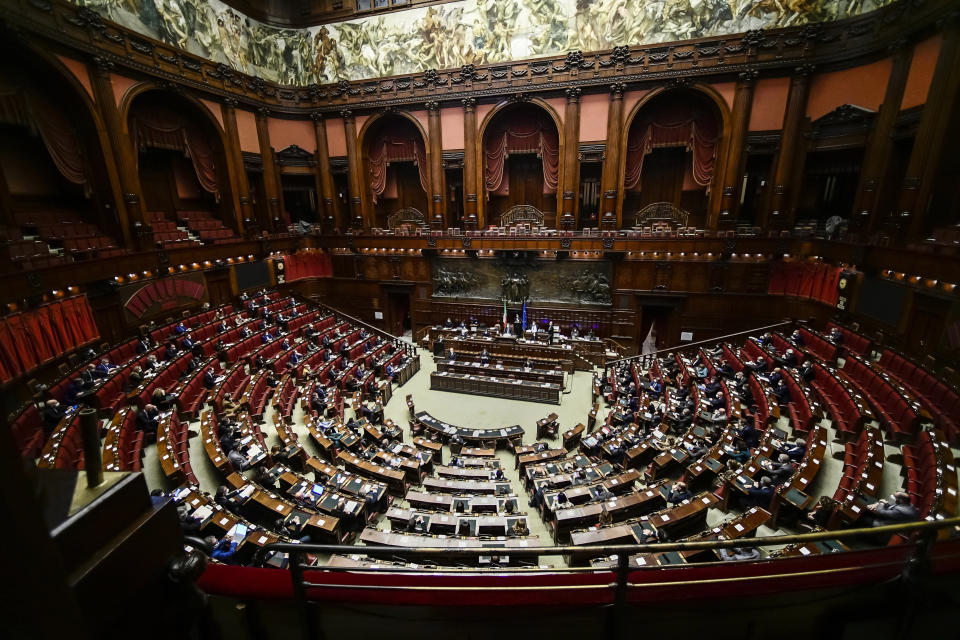 Italian Foreign Minister Luigi Di Maio addresses the Lower Chamber of Parliament on Monday's killing in the Democratic Republic of Congo of the Italian ambassador Luca Attanasio, an Italian Carabinieri police officer and their driver, in Rome, Wednesday, Feb. 24, 2021. (Filippo Monteforte/Pool Photo via AP)