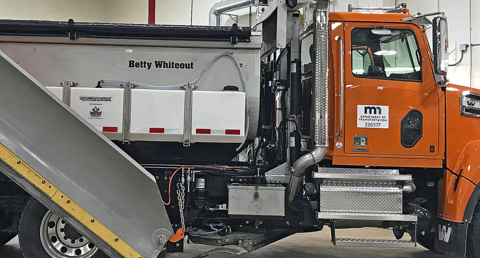 This image provided by the Minnesota Department of Transportation shows Betty Whiteout in St. Paul, Minn. Snowplows are essential to enduring winter in Minnesota, so maybe it's not surprising that every year thousands of people vote on names for the giant machines — everything from Plowy McPlowFace to Darth Blader. The often-icy state began naming its 800 plows in 2020 and will announce winners of its 2023-2024 Name a Snowplow contest next week, adding eight selections to more than three dozen names that already grace trucks already rumbling down the state's roads. (Minnesota Department of Transportation via AP)