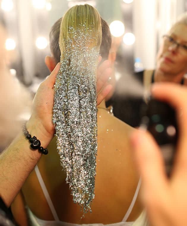 The Swarovski models sported ponytails dipped in glitter.