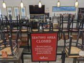 FILE - In this March 26, 2020, file photo, an indoors sitting bar is closed inside the Gelson's Market in Los Feliz neighborhood of Los Angeles. Gov. Gavin Newsom on Sunday, June 28, 2020, ordered bars that have opened in seven California counties to immediately close and urged bars in eight other counties to do the same, saying the coronavirus was rapidly spreading in some parts of the state. The counties under the mandatory bar closure order are: Los Angeles, Fresno, San Joaquin, Kings, Kern, Imperial and Tulare. (AP Photo/Damian Dovarganes, File)