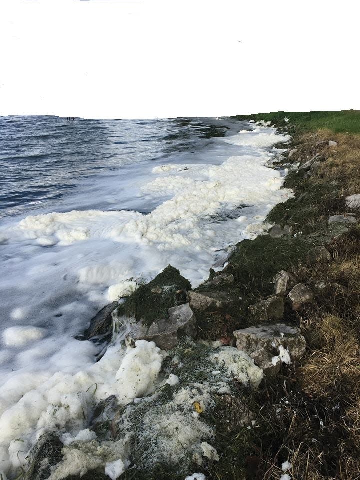 A stretch of shoreline on Van Etten Lake in Oscoda, near the former Wurtsmith Air Force Base, is covered in foam on Sept. 27, 2018. Previous testing by the Michigan Department of Environment, Great Lakes and Energy shows the foam contains very high levels of the potentially health harming compounds known as PFAS.