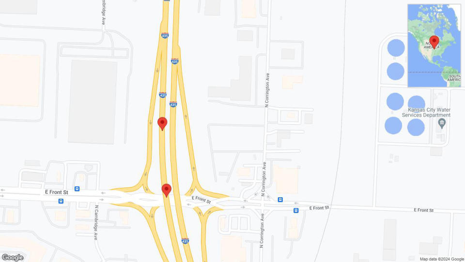 A detailed map that shows the affected road due to 'Broken down vehicle on southbound I-435 in Kansas City' on July 26th at 10:53 p.m.