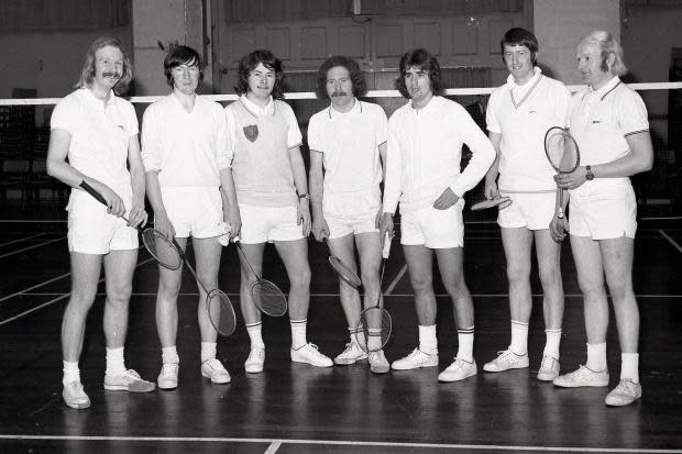 Some of the Carlisle area competitors who took part in the Cumberland badminton tournament in the Market Hall, Carlisle in 1974. Left to right J Hetherington, W Birkett, B Skinner, A Black, S Goad, M McClounie and G Bowyer