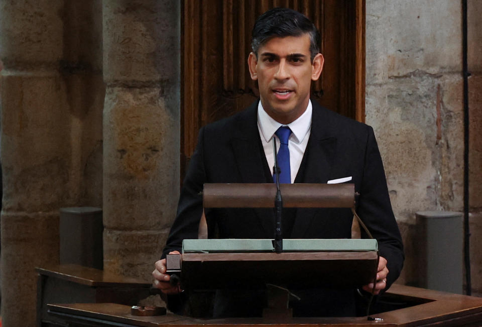 Prime Minister Rishi Sunak speaks during Britain's King Charles III and Camilla, Queen consort Coronation Ceremony inside Westminster Abbey in central London on May 6, 2023. - The set-piece coronation is the first in Britain in 70 years, and only the second in history to be televised. Charles will be the 40th reigning monarch to be crowned at the central London church since King William I in 1066. Outside the UK, he is also king of 14 other Commonwealth countries, including Australia, Canada and New Zealand. Camilla, his second wife, will be crowned queen alongside him and be known as Queen Camilla after the ceremony. (Photo by PHIL NOBLE / POOL / AFP) (Photo by PHIL NOBLE/POOL/AFP via Getty Images)