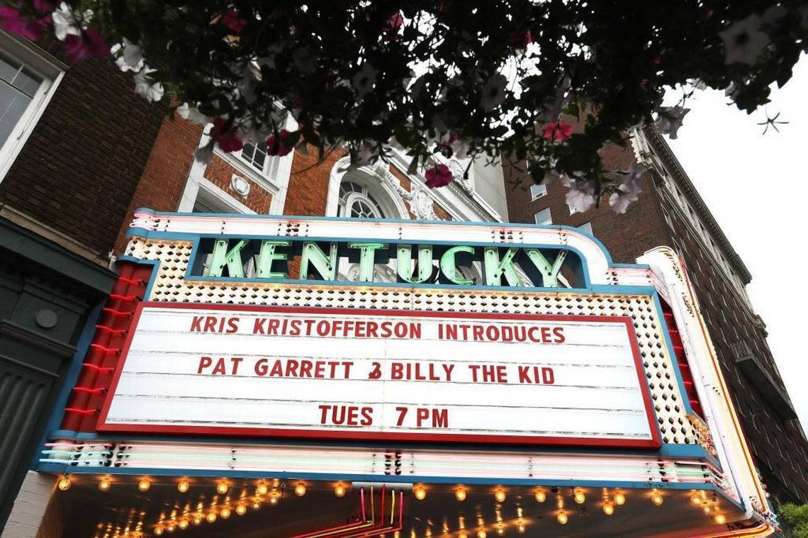 The Kentucky Theatre marquee announced Kris Kristofferson in 2017 for a fundraiser for the Harry Dean Stanton Fest.