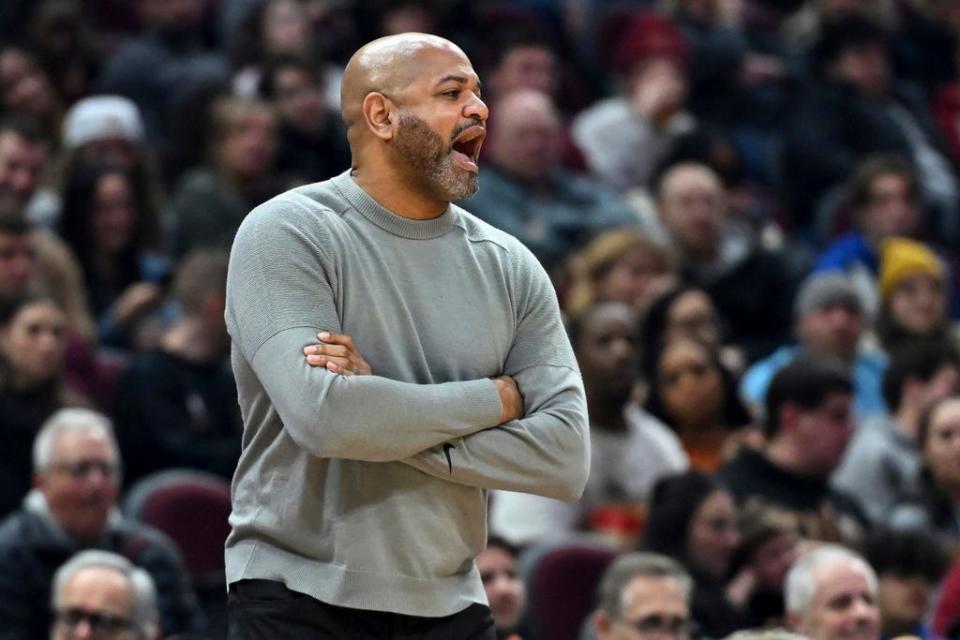 Cleveland Cavaliers coach J.B. Bickerstaff yells to players during the first half against the Washington Wizards on Jan. 5 in Cleveland.