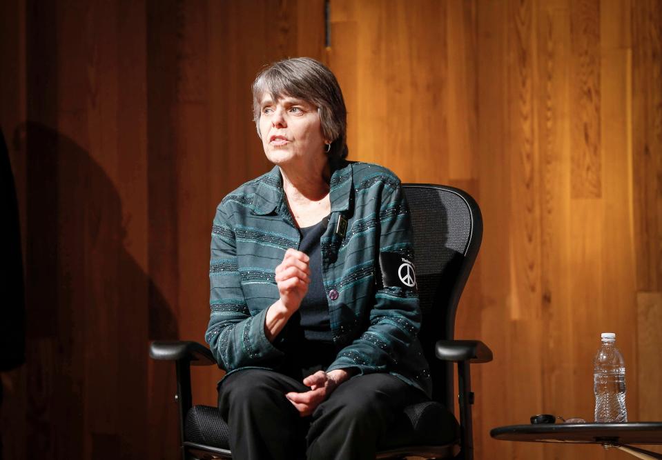 Mary Beth Tinker talks about free speech issues to students from various high schools in Iowa during a program marking the 50th anniversary of the Tinker vs. Des Moines free speech case in 2019  at the State Historical Society of Iowa building in Des Moines.