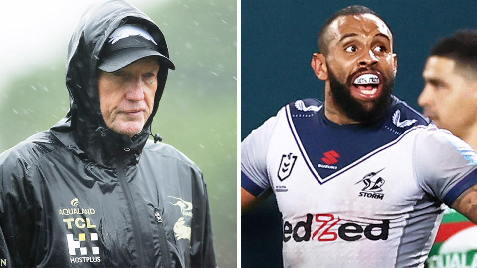 Rabbitohs coach Wayne Bennett (pictured left) during training and winger Josh Addo-Carr (pictured right) celebrating a try.