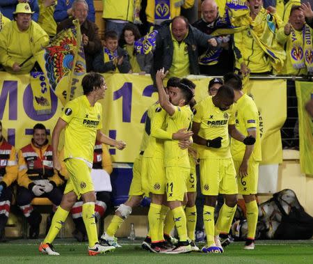 Football Soccer - Villarreal v Liverpool - UEFA Europa League Semi Final First Leg - El Madrigal Stadium, Villarreal, Spain - 28/4/16 Villarreal's Adrian celebrates scoring their first goal with team mates Reuters / Heino Kalis Livepic