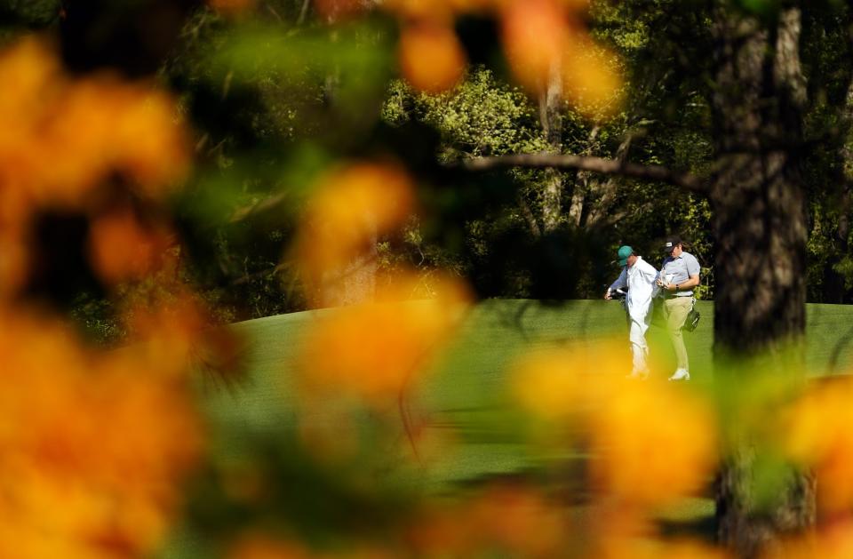 Apr 8, 2024; Augusta, Georgia, USA; Neal Shipley walks down the no. 2 fairway during a practice round for the Masters Tournament golf tournament at Augusta National Golf Club. Mandatory Credit: Katie Goodale-USA TODAY Network