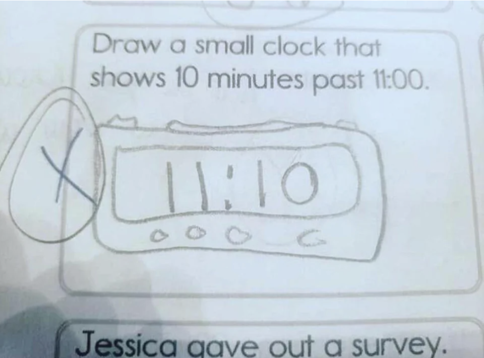 In response to question, "Draw a small clock that shows 10 minutes past 11:00," student draws a small digital clock showing "11:10"