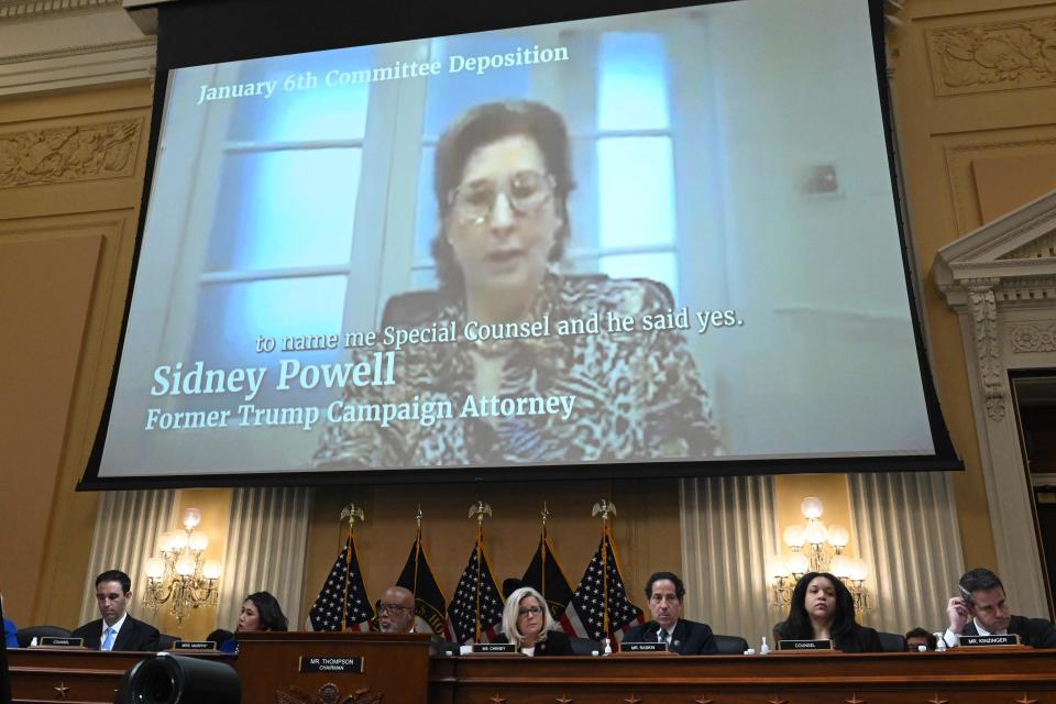 A video of deposition by lawyer Sidney Powell is shown during a full committee hearing on "the January 6th Investigation," on Capitol Hill on July 12, 2022.