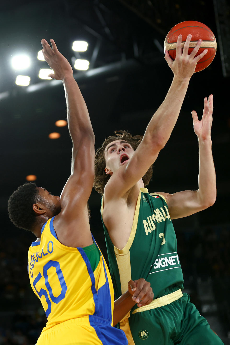 MELBOURNE, AUSTRALIA – AUGUST 16: Josh Giddey of Australia shoots during the match between the Australia Boomers and Brazil at Rod Laver Arena on August 16, 2023 in Melbourne, Australia. (Photo by Graham Denholm/Getty Images)