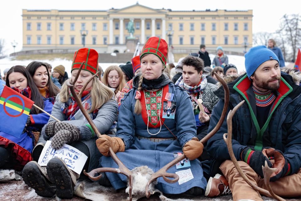 Activists protest against the wind turbines at Fosen, in Oslo, Norway, Friday, March 3, 2023. (Alf Simensen/NTB Scanpix via AP)