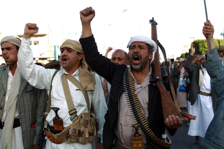 Yemeni supporters of the Shiite Huthi movement shout slogans during a rally in Sanaa against a US and Saudi intervention in Yemen, on March 6, 2015