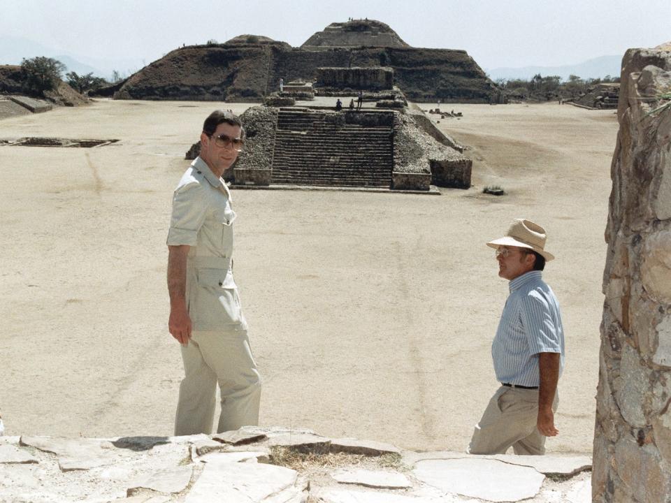 Prince Charles of Great Britain starts down the stairs of Platforma Norte of the spectacular 2,500-year-old Zapotec ruins of Monte Alban on the edge of Oaxaca City, Mexico on Feb. 18, 1993. The Prince toured the ruins as part of the last of his four-day official visit to Mexico.
