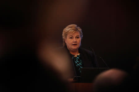 FILE PHOTO: Norway's Prime Minister Erna Solberg speaks during India-Norway Business Conference in New Delhi, India, January 7, 2019. REUTERS/Adnan Abidi/File Photo