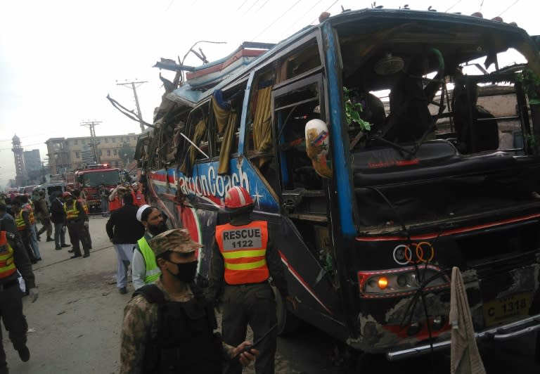 At least 16 people have been killed and more than two dozen wounded when a bomb blew up inside a bus in Peshawar