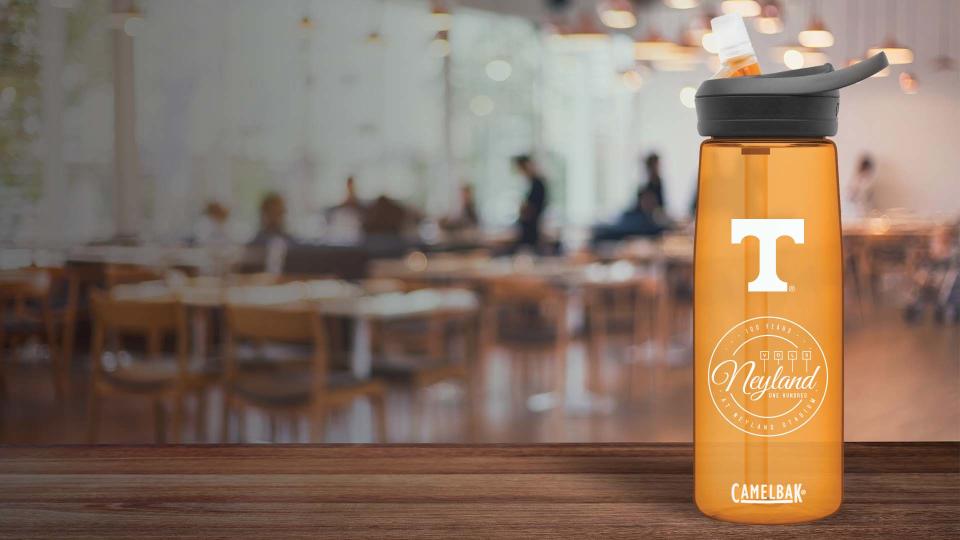 This mock-up of a CamelBak water bottle, which will be made using Tritan Renew plastic, shows the commemorative Neyland Stadium graphic.