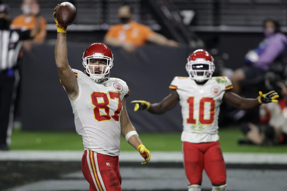 Kansas City Chiefs tight end Travis Kelce (87) celebrates after scoring a touchdown against the Las Vegas Raiders during the second half of an NFL football game, Sunday, Nov. 22, 2020, in Las Vegas. (AP Photo/Isaac Brekken)