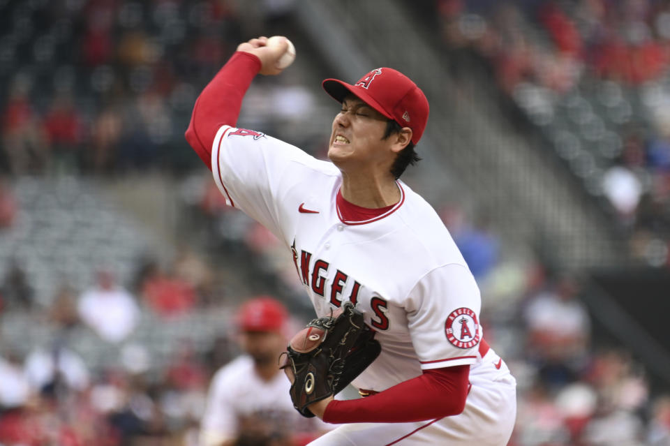 Los Angeles Angels pitcher Shohei Ohtani throws to home plate during the fifth inning of a baseball game against the Seattle Mariners, Sunday, Sept. 26, 2021, in Anaheim, Calif. The Mariners won 5-1. (AP Photo/Michael Owen Baker)
