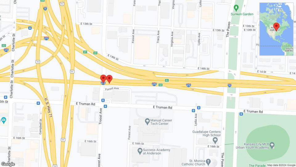 A detailed map that shows the affected road due to 'Warning: Crash on eastbound I-670 East in Kansas City' on July 26th at 6:11 p.m.