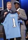 Baylor wide receiver Kendall Wright, right, poses for photographs with NFL Commissioner Roger Goodell after being selected 20th overall by the Tennessee Titans in the first round of the NFL football draft at Radio City Music Hall, Thursday, April 26, 2012, in New York. (AP Photo/Jason DeCrow)