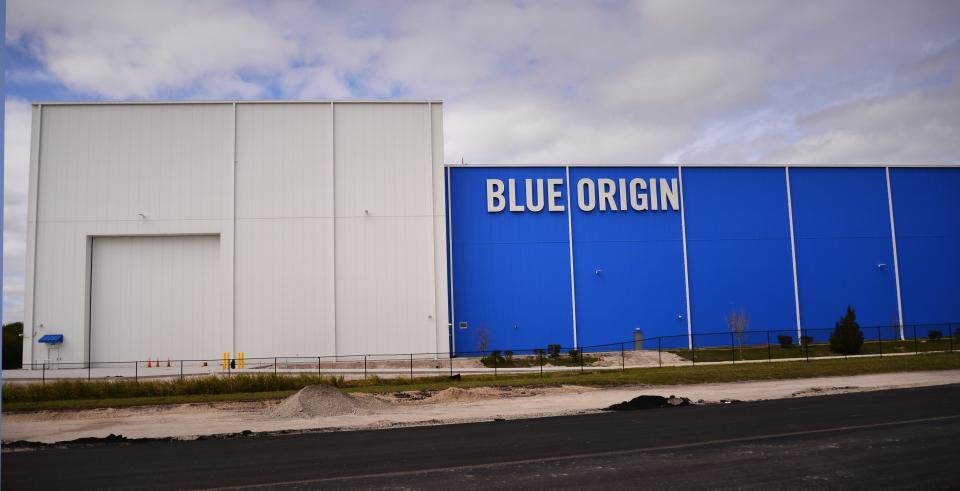 The large Blue Origin building at the southernmost part of the Merritt Island campus at Kennedy Space Center's Exploration Park.