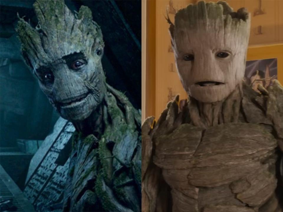 On the left: Groot in "Guardians of the Galaxy Vol. 1." On the right: Groot in "Guardians of the Galaxy Vol. 3."