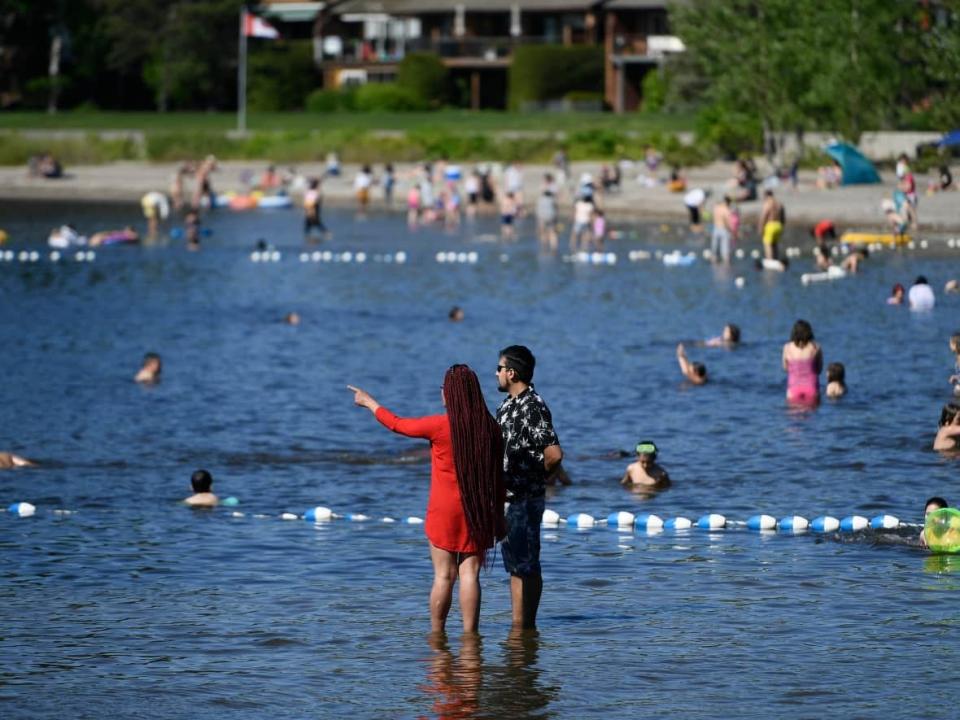 People swim and wade in the Ottawa River as they enjoy the warm weather on the Victoria Day long weekend at Britannia Park last May. (Justin Tang/Canadian Press - image credit)