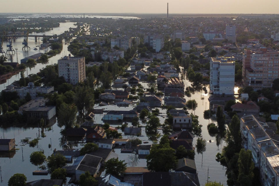 A flooded area is seen after the Nova Kakhovka dam was breached amid Russia's invasion of Ukraine, in Kherson, Ukraine, June 8, 2023. / Credit: STRINGER/REUTERS