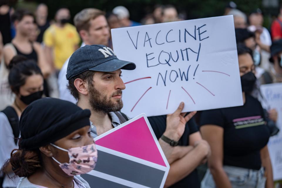 People protest during a rally calling for more government action to combat the spread of monkeypox at Foley Square on July 21, 2022, in New York City. At least 267 New Yorkers have tested positive for monkeypox, a virus similar to smallpox but with milder symptoms.