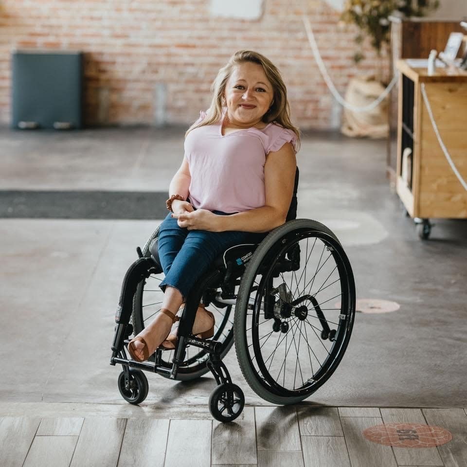 Emily Voorde in her wheelchair.