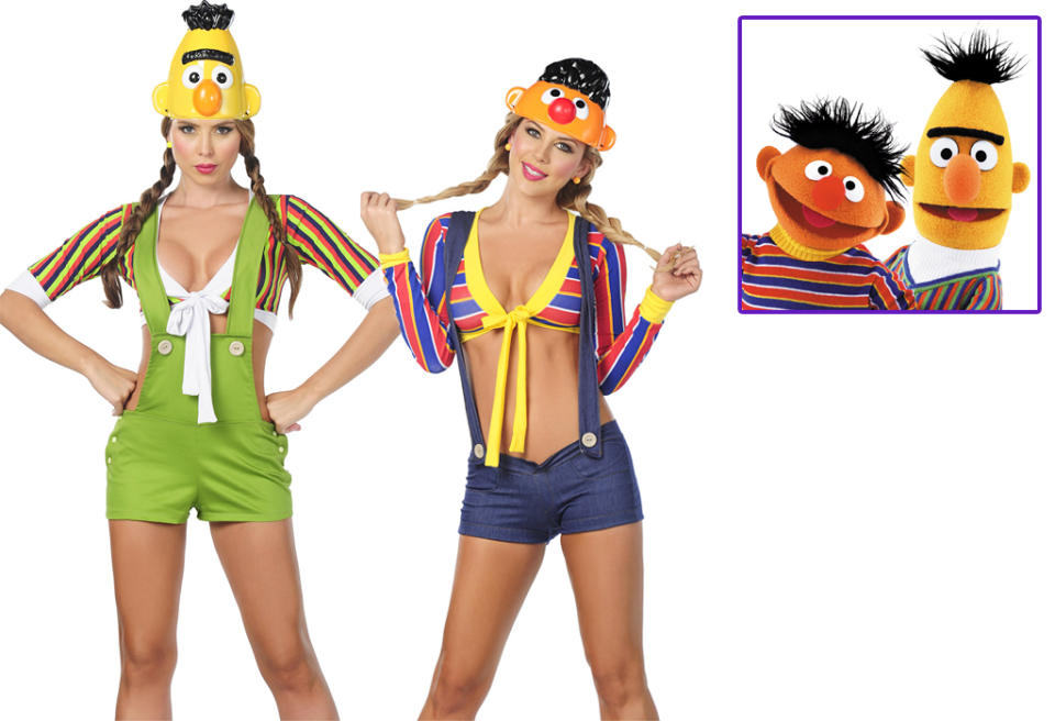 <p>Yeah, we've all heard the jokes that Bert and Ernie were more than roommates, but this is just going too far. Like the Oscar the Grouch sexy costume, these have generic names, ridiculous midriff-baring tops, and offensive patches like the rubber ducky on "Ernie's" butt — just no!<br><br> (Credit: <a rel="nofollow noopener" href="http://www.yandy.com/Sexy-Overalls-Set.php" target="_blank" data-ylk="slk:Yandy.com;elm:context_link;itc:0;sec:content-canvas" class="link ">Yandy.com</a>/<a rel="nofollow noopener" href="http://www.yandy.com/Faux-Denim-Overalls-Set.php" target="_blank" data-ylk="slk:Yandy.com;elm:context_link;itc:0;sec:content-canvas" class="link ">Yandy.com</a>/PBS) </p>