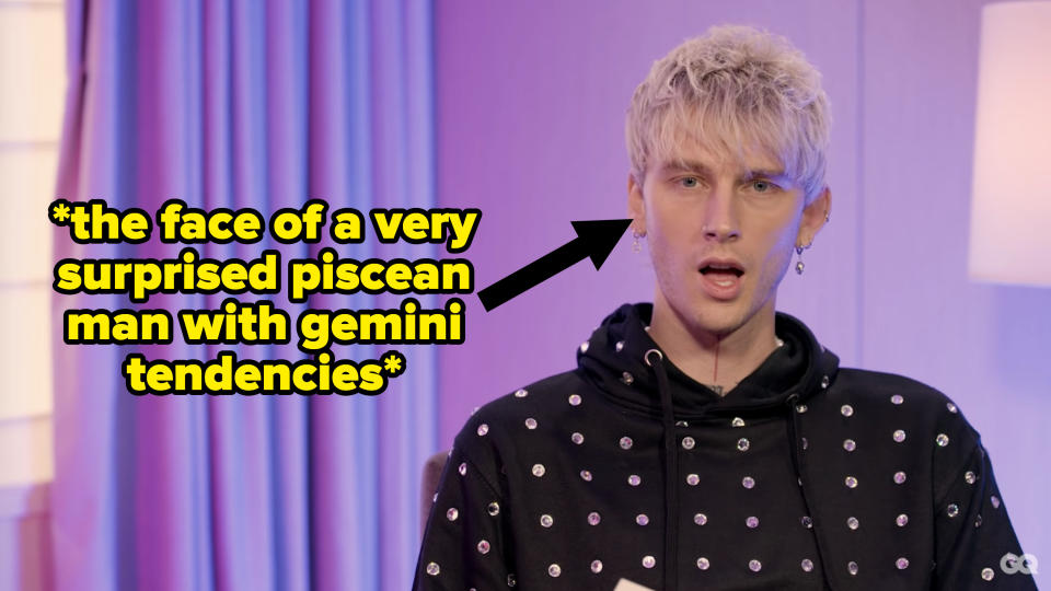 Machine Gun Kelly with his mouth open with the caption "the face of a very surprised piscean man with gemini tendencies"