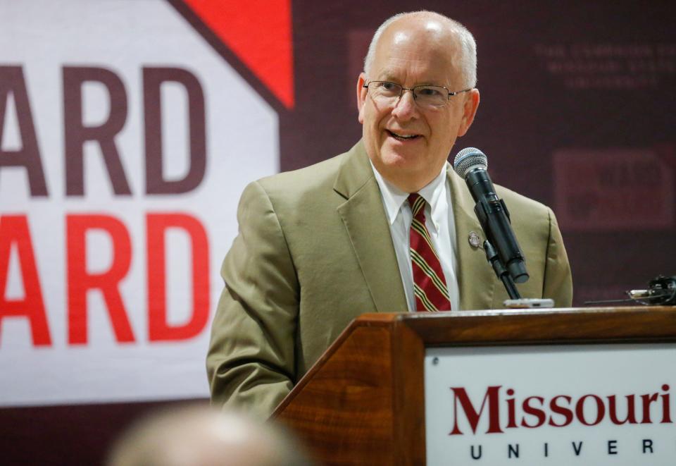 Clif Smart, president of Missouri State University, speaks during a press conference on Thursday, April 21, 2022, where it was announced that Great Southern Bank Arena will replace the name JQH Arena.