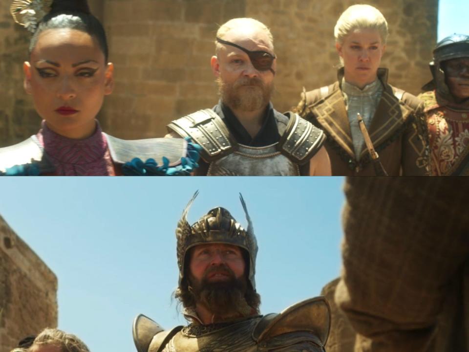 Heroes of the Horn: Amaresu (Hélène Tran), Uno Nomesta (Guy Roberts), Birgitte Silverbow and on the bottom Artur Hawkwing (Adrian Bouchet) in "The Wheel of Time" season two finale.