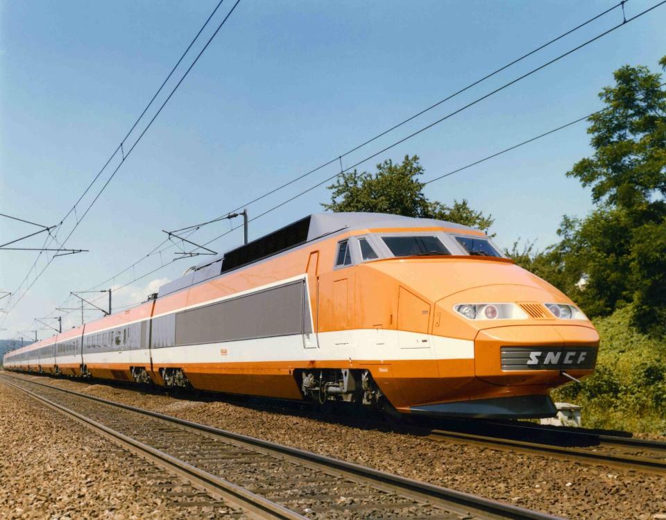 The SNCF TGV Sud-Est, built by Alstom and designed by Jacques Cooper, pictured in 1981