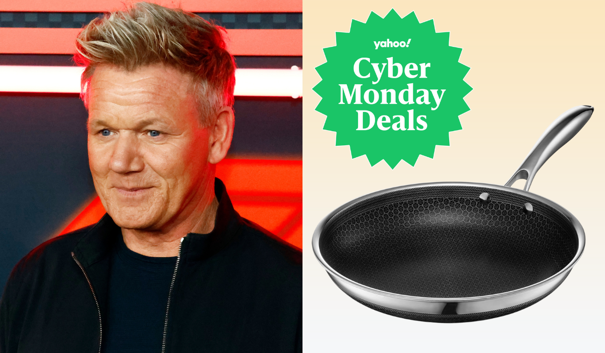 gordon ramsay / a heclad pan with badge that reads Yahoo! Cyber Monday Deals