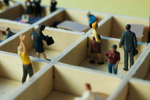 <span class="caption">The great separation. </span> <span class="attribution"><a class="link " href="https://www.shutterstock.com/image-photo/miniature-people-separated-office-cubicles-sterile-1565199076" rel="nofollow noopener" target="_blank" data-ylk="slk:Zenza Flarini;elm:context_link;itc:0;sec:content-canvas">Zenza Flarini</a></span>