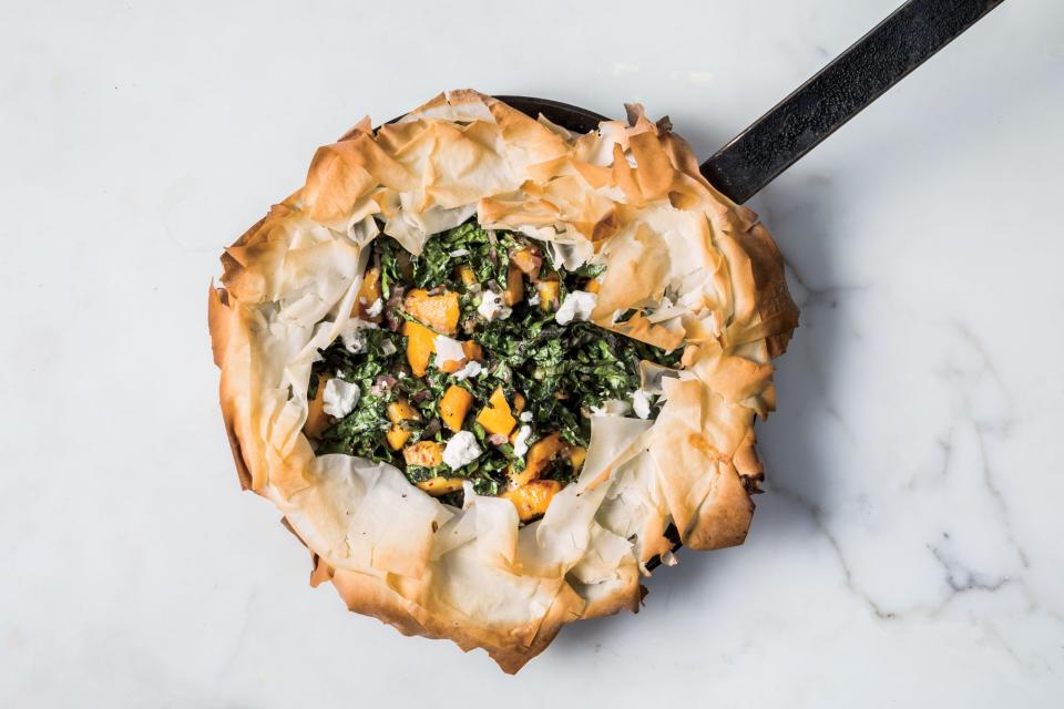 Skillet Phyllo Pie With Butternut Squash, Kale, and Goat Cheese