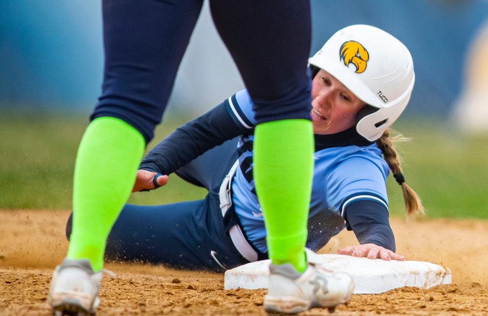 Rock Valley's Kelli Riordan slides into second base against Lake county on Friday, April 15, 2022, at Rock Valley College in Rockford.