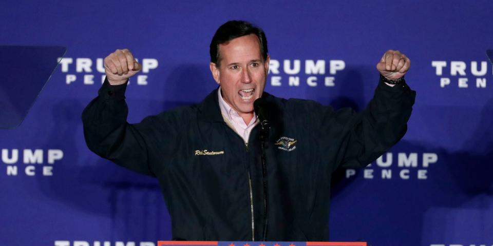 Former Sen. Rick Santorum, R-Pa., speaks at a rally for Republican presidential candidate Donald Trump, Sunday, Nov. 6, 2016 in Leesburg, Va.