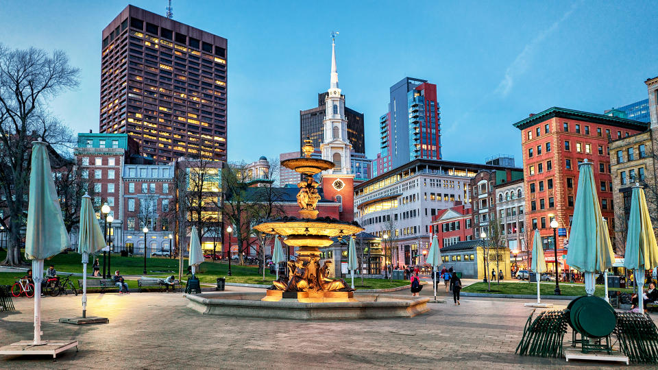 Boston, USA - April 28, 2015: Fountain at Boston Common public park and people in Boston, MA, United States.