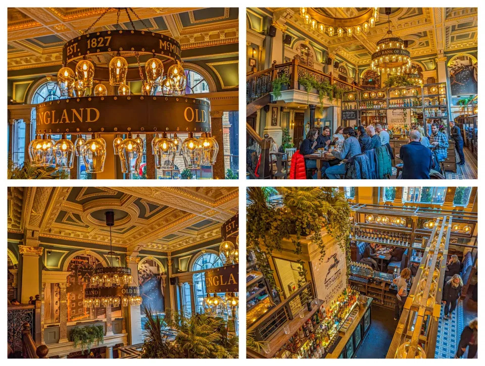 A collage of four photos showing the lavish interior including a close up of a chandelier reading 