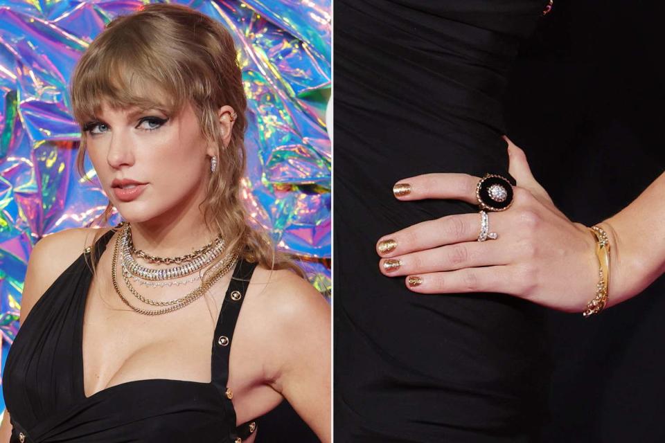 <p>Udo Salters/Patrick McMullan via Getty</p> Taylor Swift and the vintage onyx and diamond ring that she seemingly broke during the 2023 MTV VMAs.